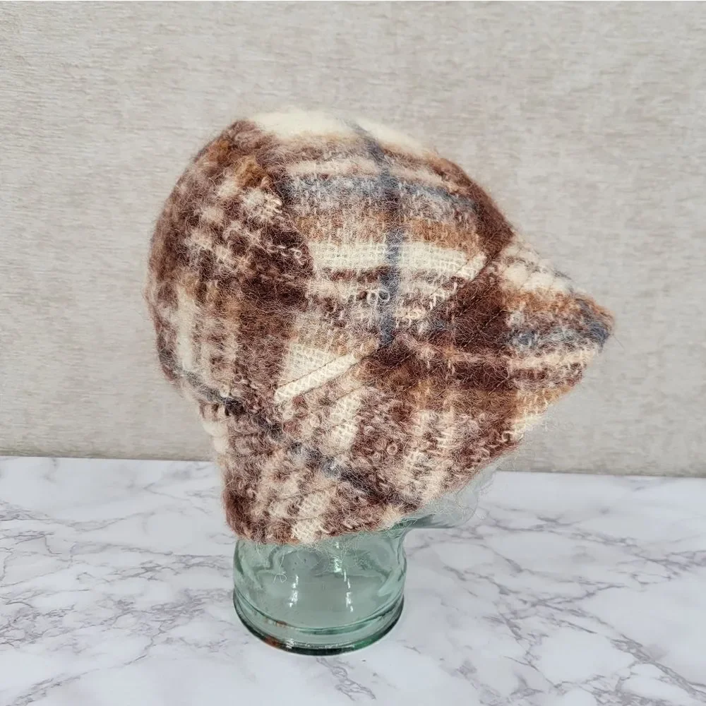 The Scotch House Plaid Mohair and Wool Bucket Hat Brown Cream Vintage
